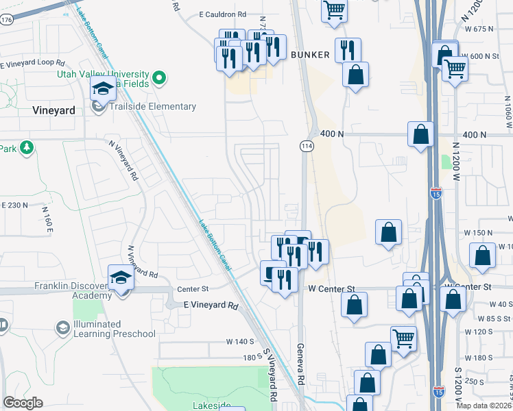 map of restaurants, bars, coffee shops, grocery stores, and more near 188 North 680 East in Vineyard