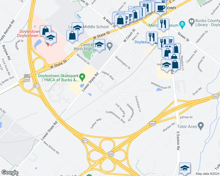 map of restaurants, bars, coffee shops, grocery stores, and more near 9 Aspen Way in Doylestown