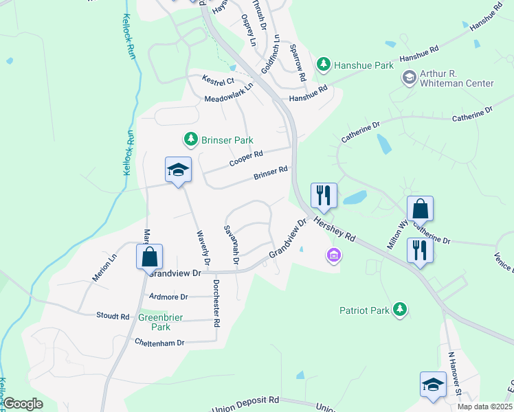 map of restaurants, bars, coffee shops, grocery stores, and more near 121 Savannah Drive in Hummelstown