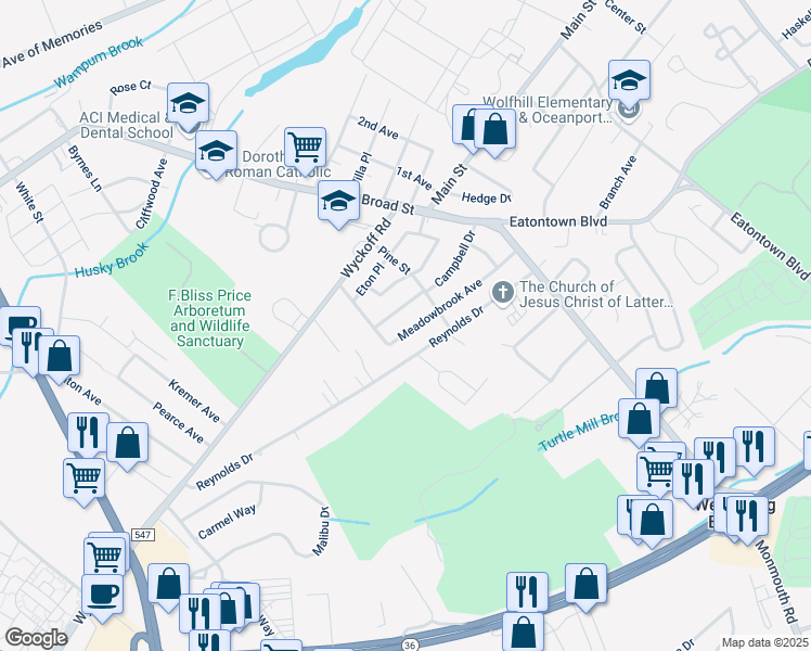 map of restaurants, bars, coffee shops, grocery stores, and more near 35 Reynolds Drive in Eatontown