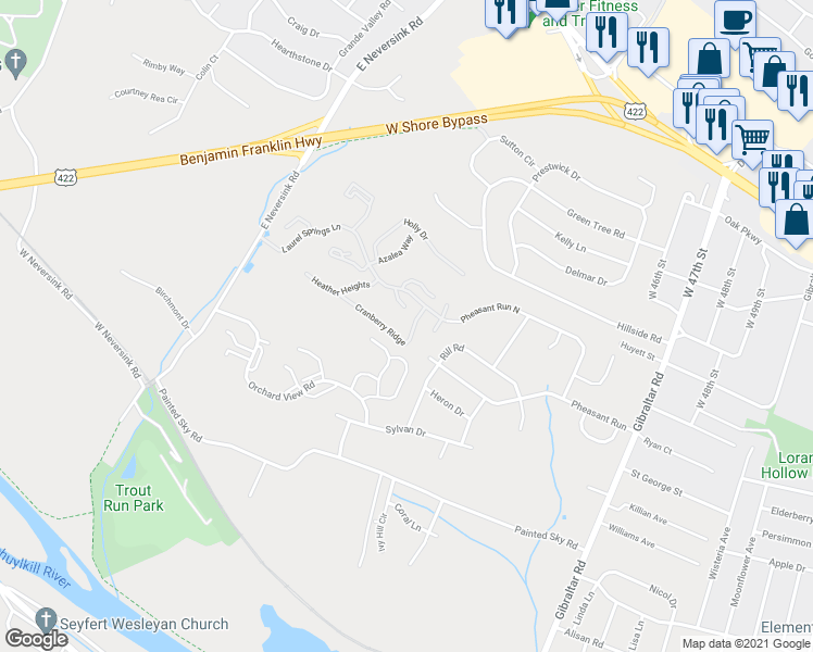map of restaurants, bars, coffee shops, grocery stores, and more near 16-6 Cranberry Ridge in Reading