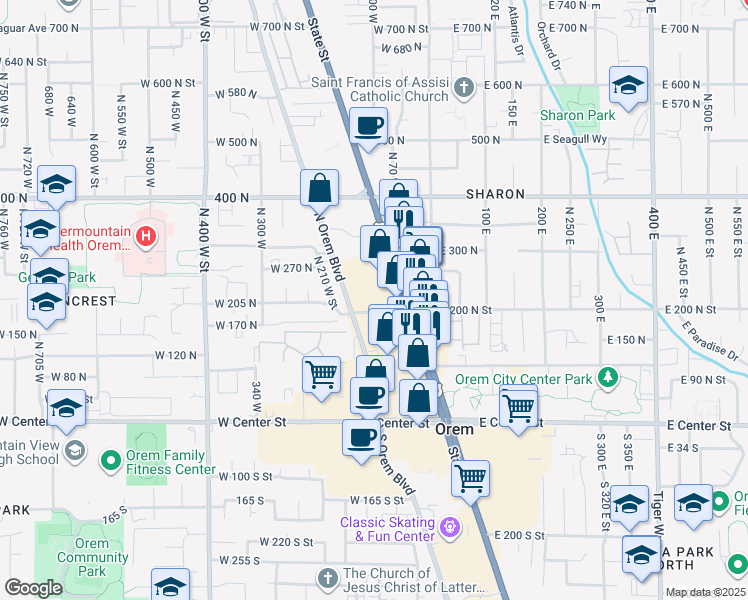 map of restaurants, bars, coffee shops, grocery stores, and more near 175 North State Street in Orem