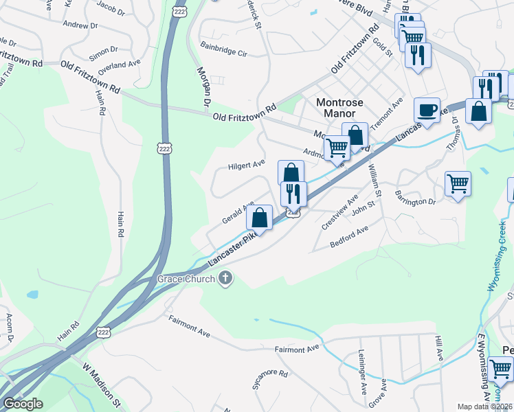 map of restaurants, bars, coffee shops, grocery stores, and more near 2400 Lancaster Pike in Reading