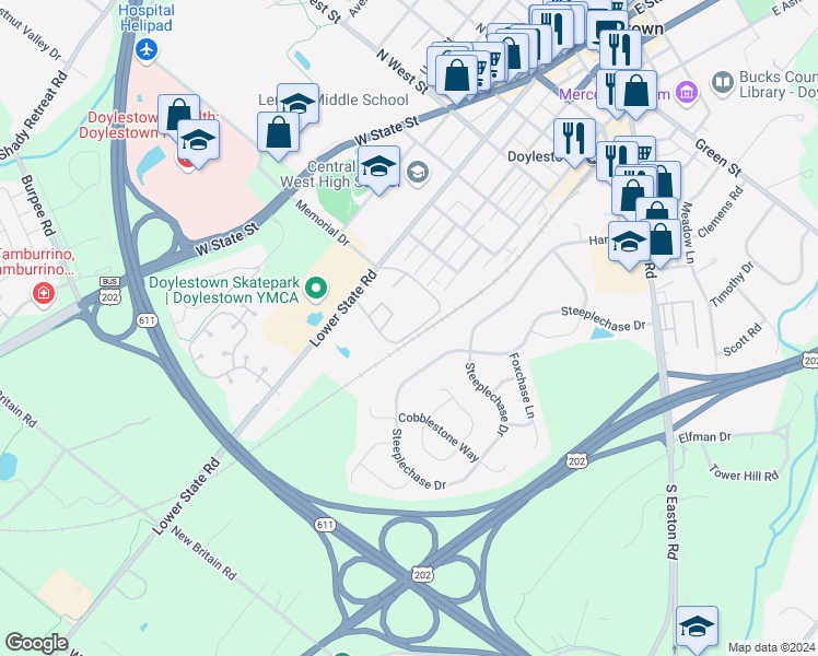 map of restaurants, bars, coffee shops, grocery stores, and more near 7 Aspen Way in Doylestown