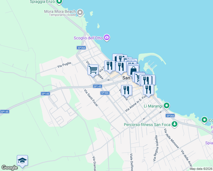 map of restaurants, bars, coffee shops, grocery stores, and more near 24 Via Pireo in San Foca