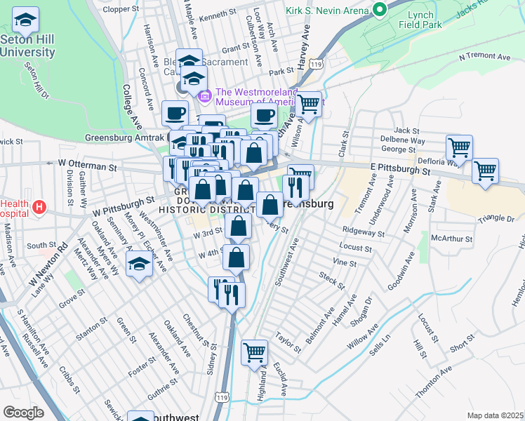 map of restaurants, bars, coffee shops, grocery stores, and more near 214 Alwine Avenue in Greensburg