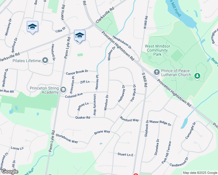 map of restaurants, bars, coffee shops, grocery stores, and more near 40 Windsor Drive in West Windsor Township