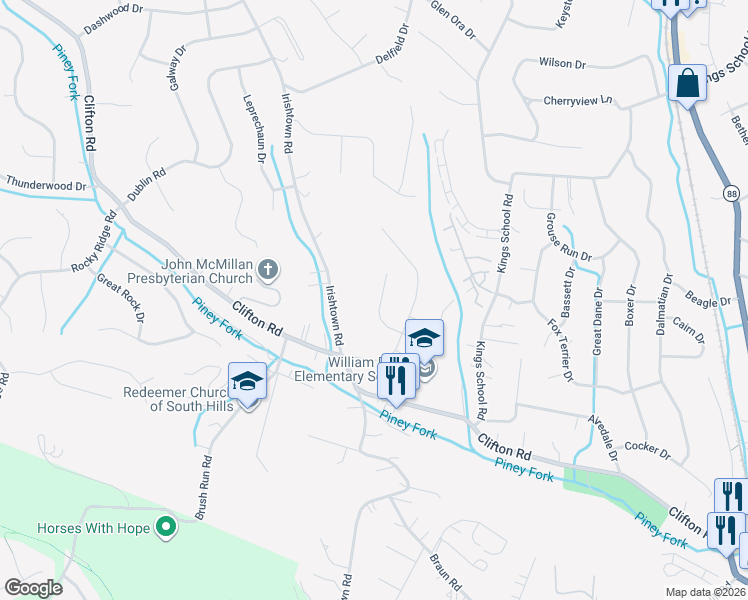 map of restaurants, bars, coffee shops, grocery stores, and more near 5976 Oak Park Drive in Bethel Park