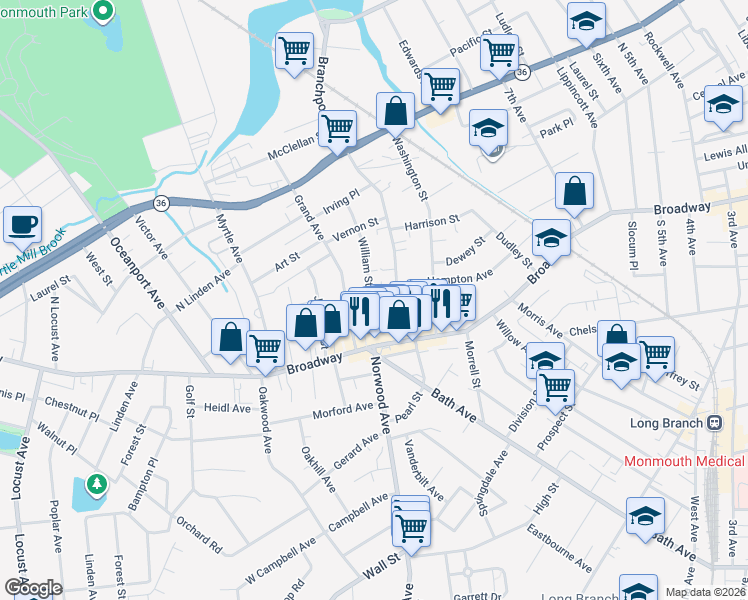 map of restaurants, bars, coffee shops, grocery stores, and more near 591 Russell Avenue in Long Branch