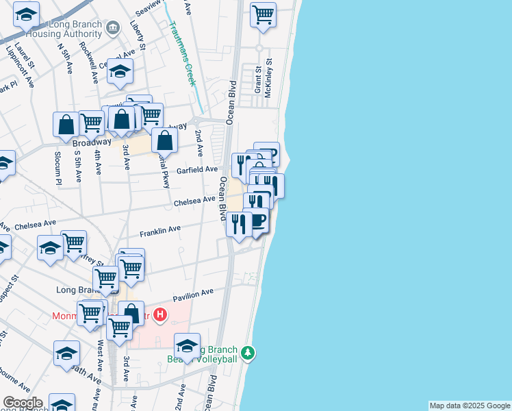 map of restaurants, bars, coffee shops, grocery stores, and more near 10 Melrose Terrace in Long Branch