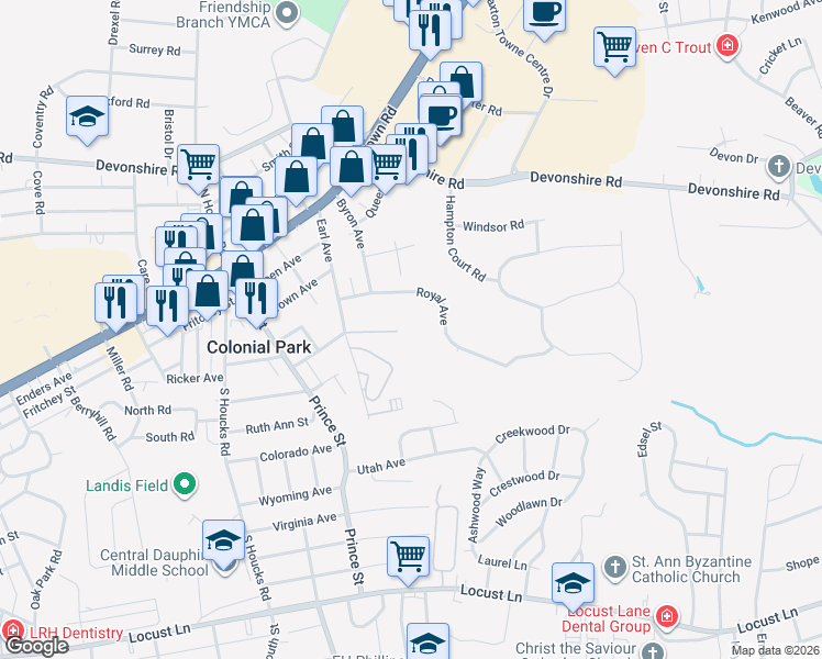 map of restaurants, bars, coffee shops, grocery stores, and more near Lancer Street in Colonial Park