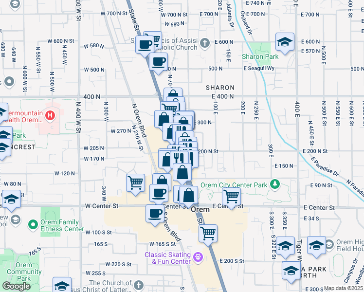 map of restaurants, bars, coffee shops, grocery stores, and more near 190 North State Street in Orem