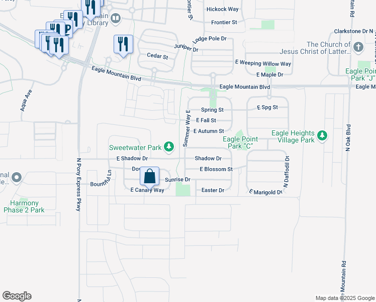 map of restaurants, bars, coffee shops, grocery stores, and more near 3671 Summer Way East in Eagle Mountain