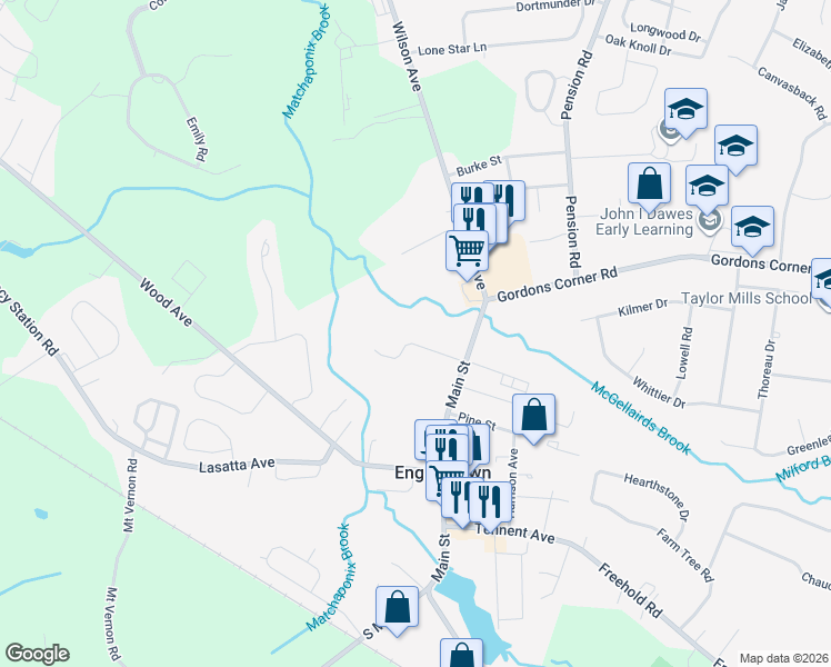 map of restaurants, bars, coffee shops, grocery stores, and more near 9 West Dey Street in Englishtown