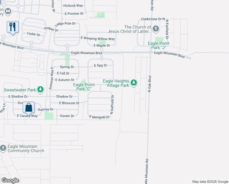 map of restaurants, bars, coffee shops, grocery stores, and more near North Daffodil Drive in Eagle Mountain