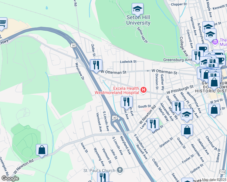 map of restaurants, bars, coffee shops, grocery stores, and more near 28 Jackson Street in Greensburg