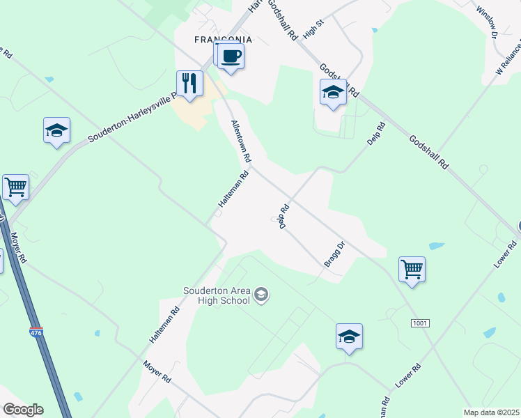 map of restaurants, bars, coffee shops, grocery stores, and more near Halteman Rd in Souderton