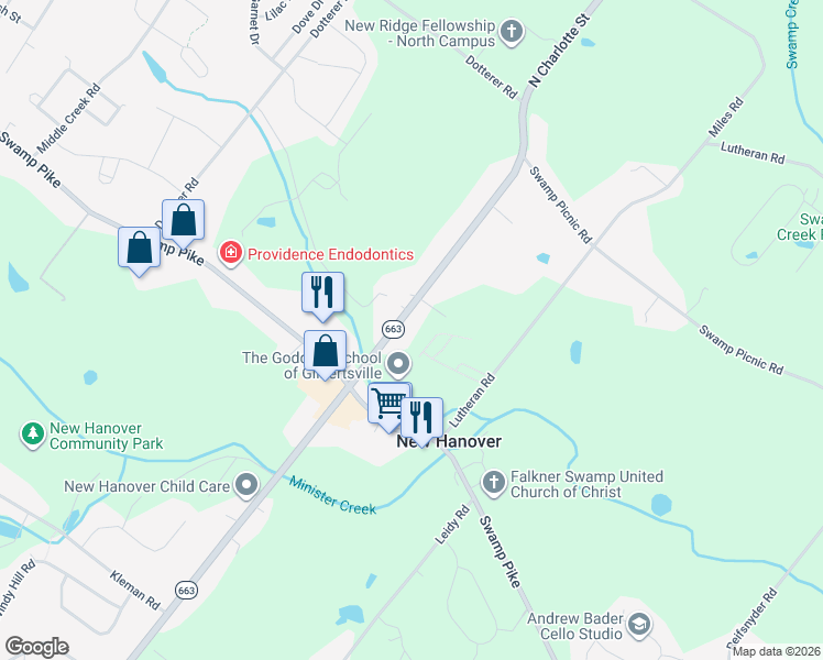 map of restaurants, bars, coffee shops, grocery stores, and more near 2920 North Charlotte Street in Gilbertsville