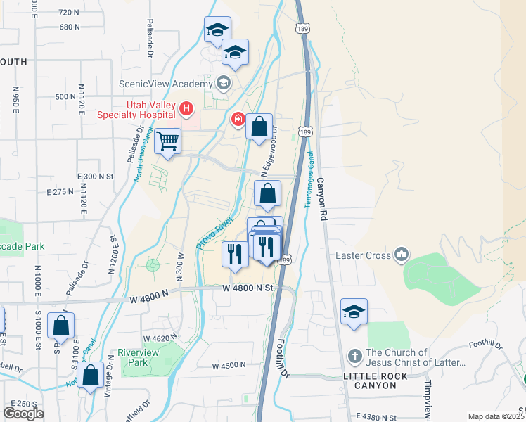 map of restaurants, bars, coffee shops, grocery stores, and more near 5005 North Edgewood Drive in Provo