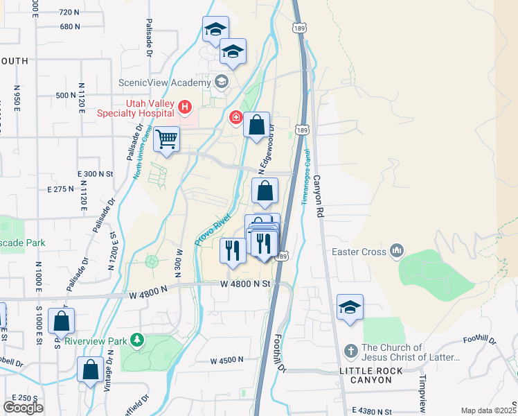 map of restaurants, bars, coffee shops, grocery stores, and more near 5005 North Edgewood Drive in Provo
