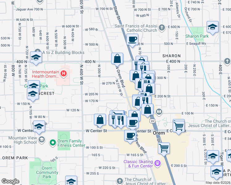 map of restaurants, bars, coffee shops, grocery stores, and more near 210 West 170 North in Orem