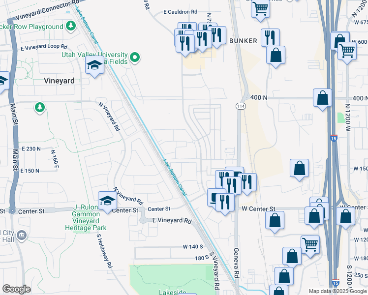 map of restaurants, bars, coffee shops, grocery stores, and more near 667 East 180 North in Vineyard