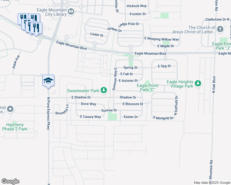 map of restaurants, bars, coffee shops, grocery stores, and more near 3671 Summer Way East in Eagle Mountain
