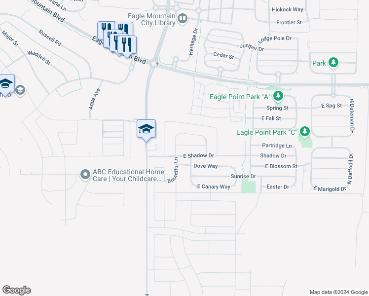 map of restaurants, bars, coffee shops, grocery stores, and more near 3688 Bountiful Lane in Eagle Mountain