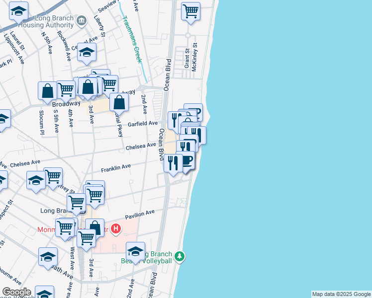 map of restaurants, bars, coffee shops, grocery stores, and more near 10 Melrose Terrace in Long Branch