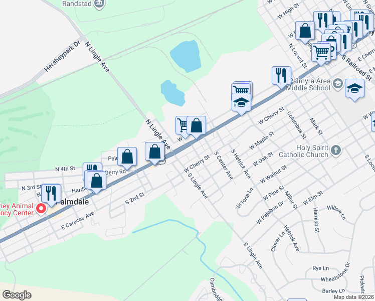 map of restaurants, bars, coffee shops, grocery stores, and more near 811 West Cherry Street in Palmyra