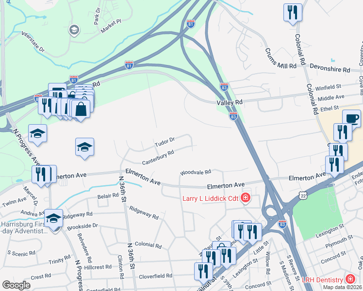 map of restaurants, bars, coffee shops, grocery stores, and more near 3721 Canterbury Road in Harrisburg