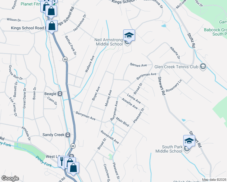 map of restaurants, bars, coffee shops, grocery stores, and more near 1453 Berryman Avenue in Bethel Park