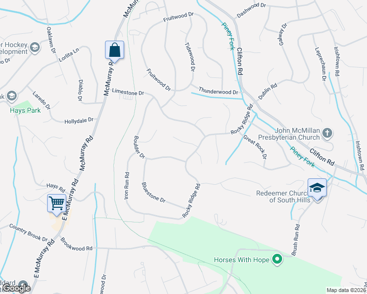 map of restaurants, bars, coffee shops, grocery stores, and more near 231 Rocky Ridge Road in Bethel Park