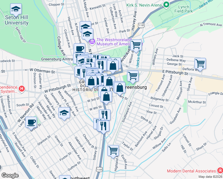 map of restaurants, bars, coffee shops, grocery stores, and more near 109 Laird Street in Greensburg