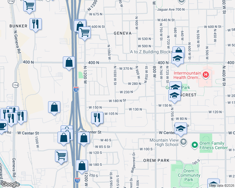 map of restaurants, bars, coffee shops, grocery stores, and more near 196 North 1030 West Street in Orem