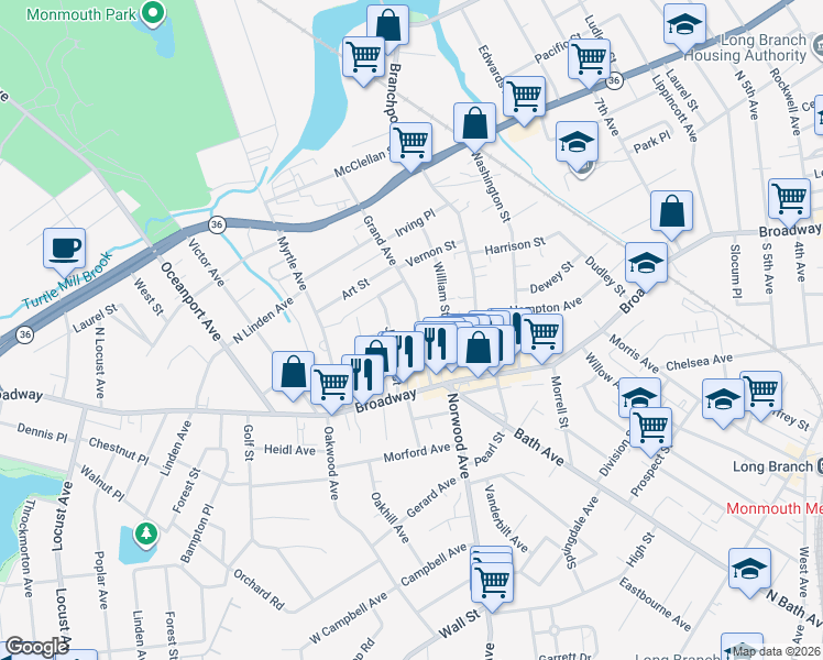 map of restaurants, bars, coffee shops, grocery stores, and more near 27 Grand Avenue in Long Branch