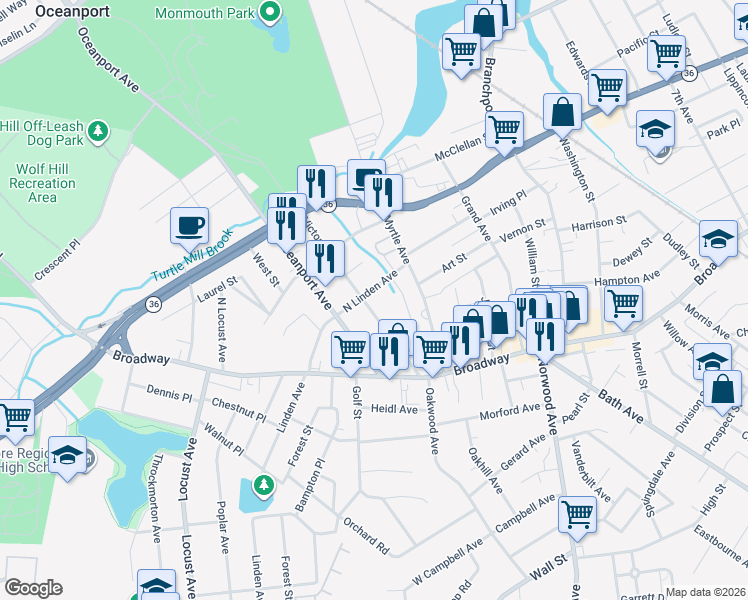 map of restaurants, bars, coffee shops, grocery stores, and more near 35 Victor Avenue in West Long Branch