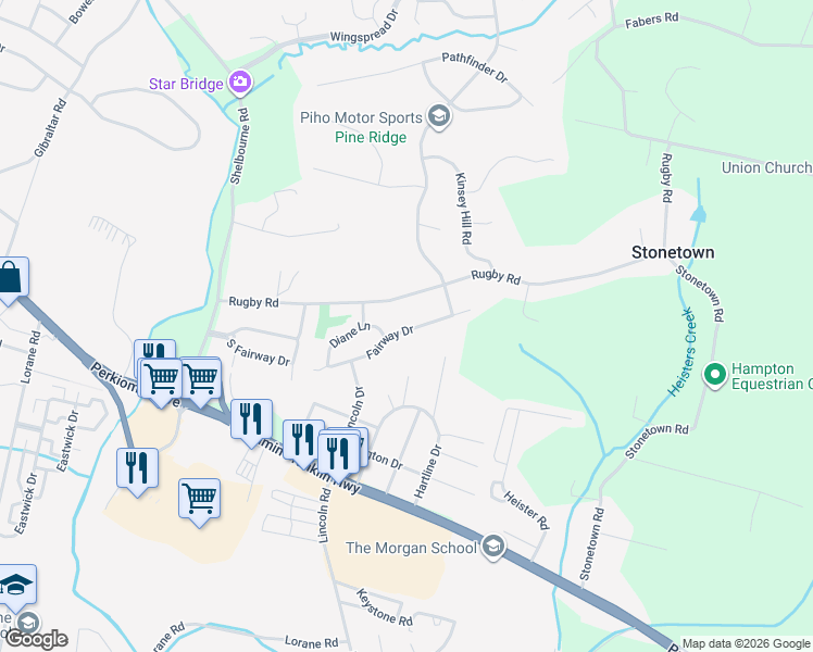 map of restaurants, bars, coffee shops, grocery stores, and more near 201 Fairway Drive in Reading
