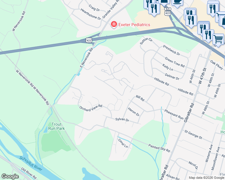 map of restaurants, bars, coffee shops, grocery stores, and more near 2301 Orchard View Road in Reading