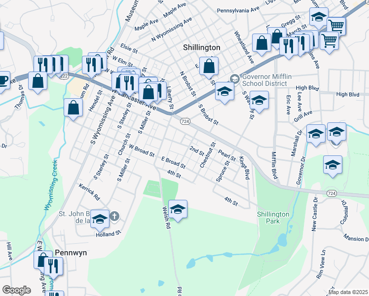 map of restaurants, bars, coffee shops, grocery stores, and more near 138 Franklin Street in Shillington