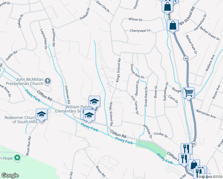 map of restaurants, bars, coffee shops, grocery stores, and more near 6122 Kings School Road in Bethel Park