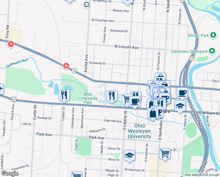 map of restaurants, bars, coffee shops, grocery stores, and more near 185 West Winter Street in Delaware
