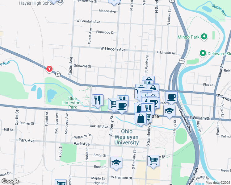 map of restaurants, bars, coffee shops, grocery stores, and more near 70 North Liberty Street in Delaware