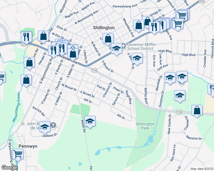 map of restaurants, bars, coffee shops, grocery stores, and more near 30 Chestnut Street in Shillington