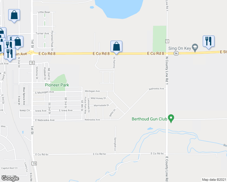 map of restaurants, bars, coffee shops, grocery stores, and more near Dorothy Drive in Berthoud