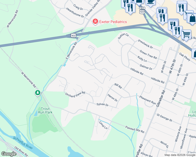map of restaurants, bars, coffee shops, grocery stores, and more near 13-4 Cranberry Ridge in Reading