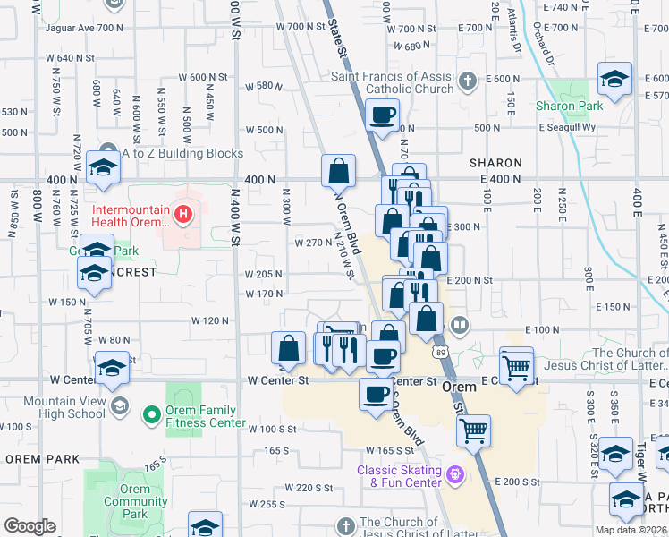 map of restaurants, bars, coffee shops, grocery stores, and more near 210 West 170 North in Orem