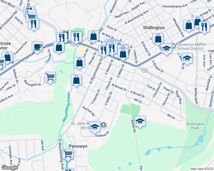 map of restaurants, bars, coffee shops, grocery stores, and more near 132 W Broad St in Shillington