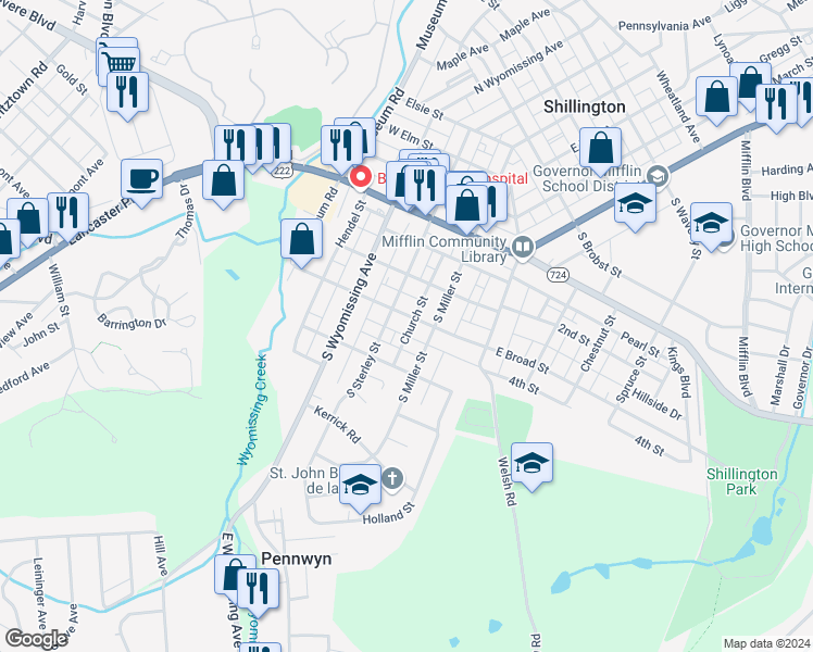 map of restaurants, bars, coffee shops, grocery stores, and more near 132 W Broad St in Shillington