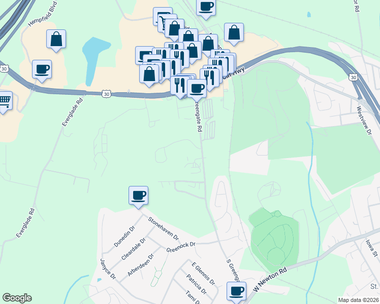 map of restaurants, bars, coffee shops, grocery stores, and more near 154 South Greengate Road in Greensburg